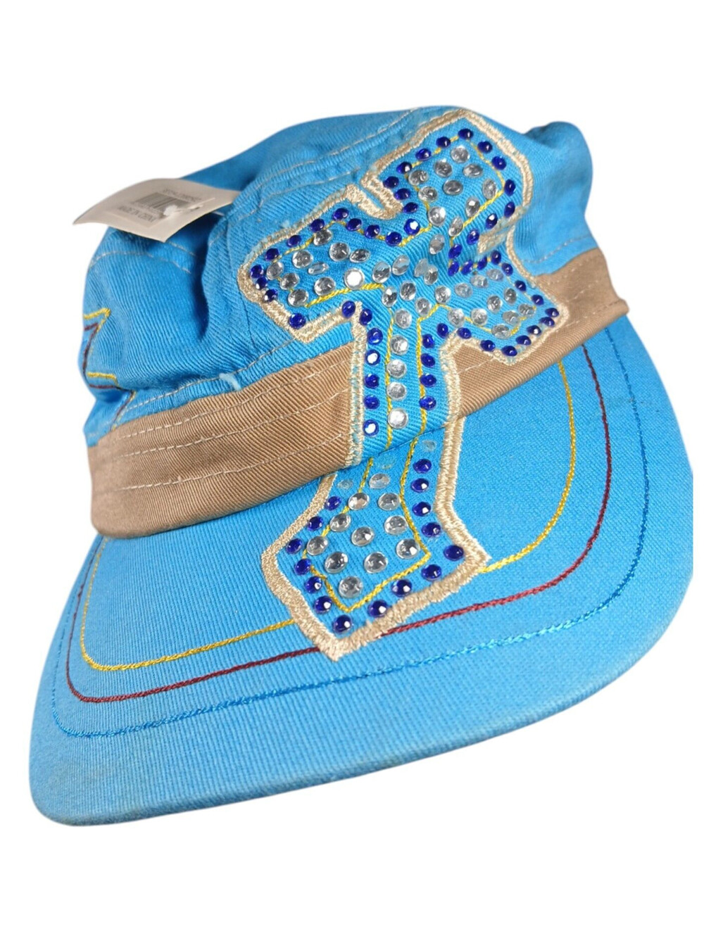Aqua Blue & Beige Rhinestone Cross Girls Womens Cadet Style Hat Cap NEW